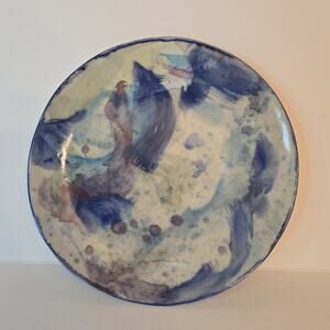 A Suman Glazed Ceramic Plate Vintage 1986 Blue Purple Swirl Signed Pottery